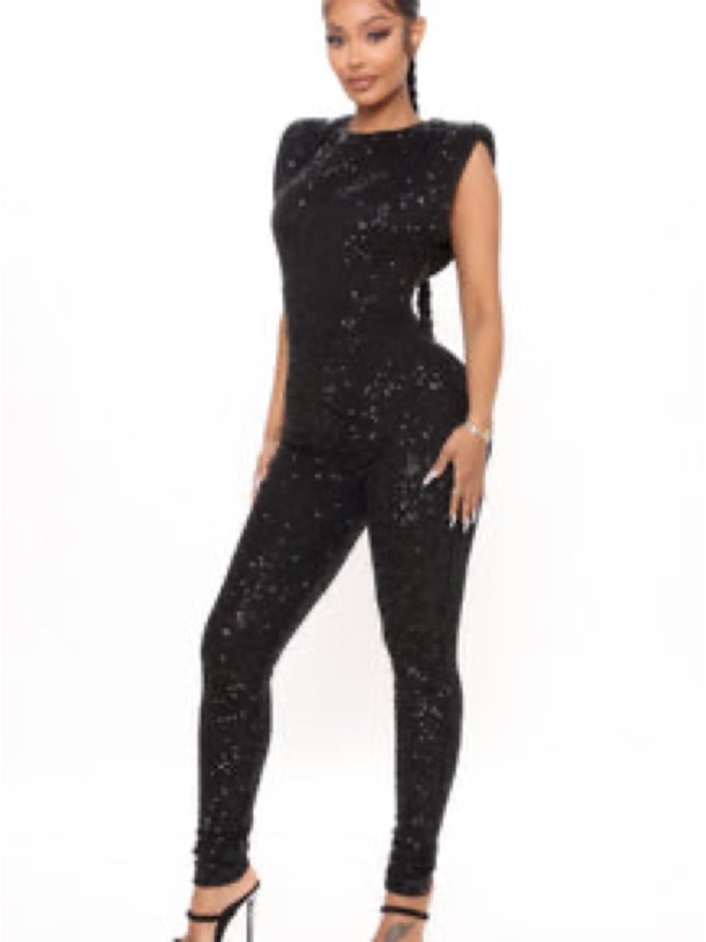 Fashion Nova Black Sequin Shoulder-Pad Jumpsuit